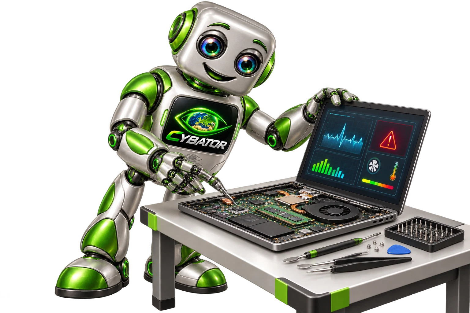 Cybator prüft einen Laptop